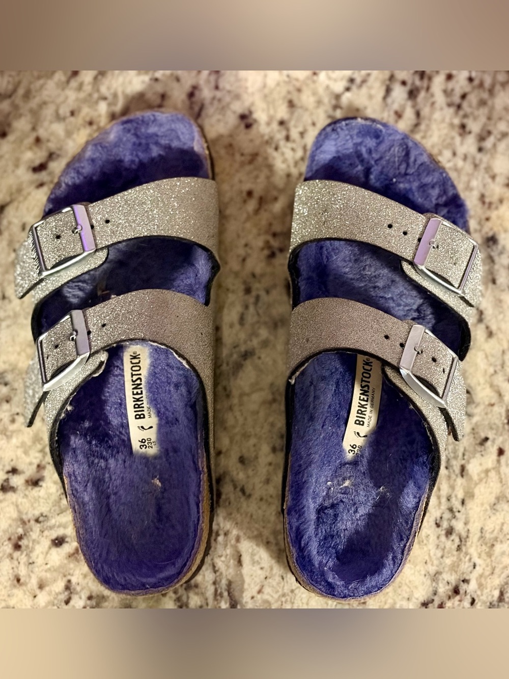 Birkenstock Women’s Silver Glitter Arizona Sandals with Purple Shearling